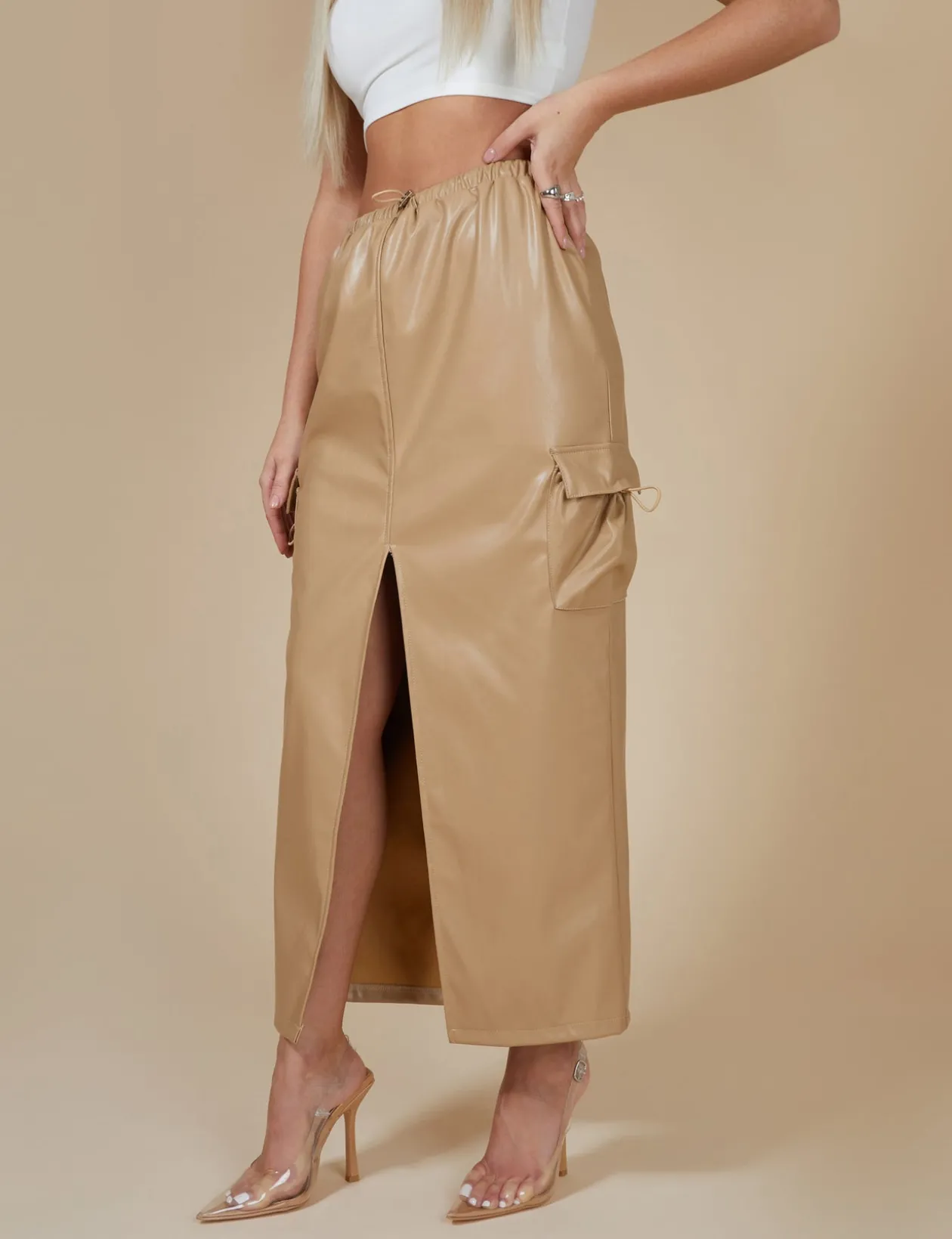 Public Desire Faux Leather Pocket Detail Cargo Maxi Skirt Camel | Women Skirts
