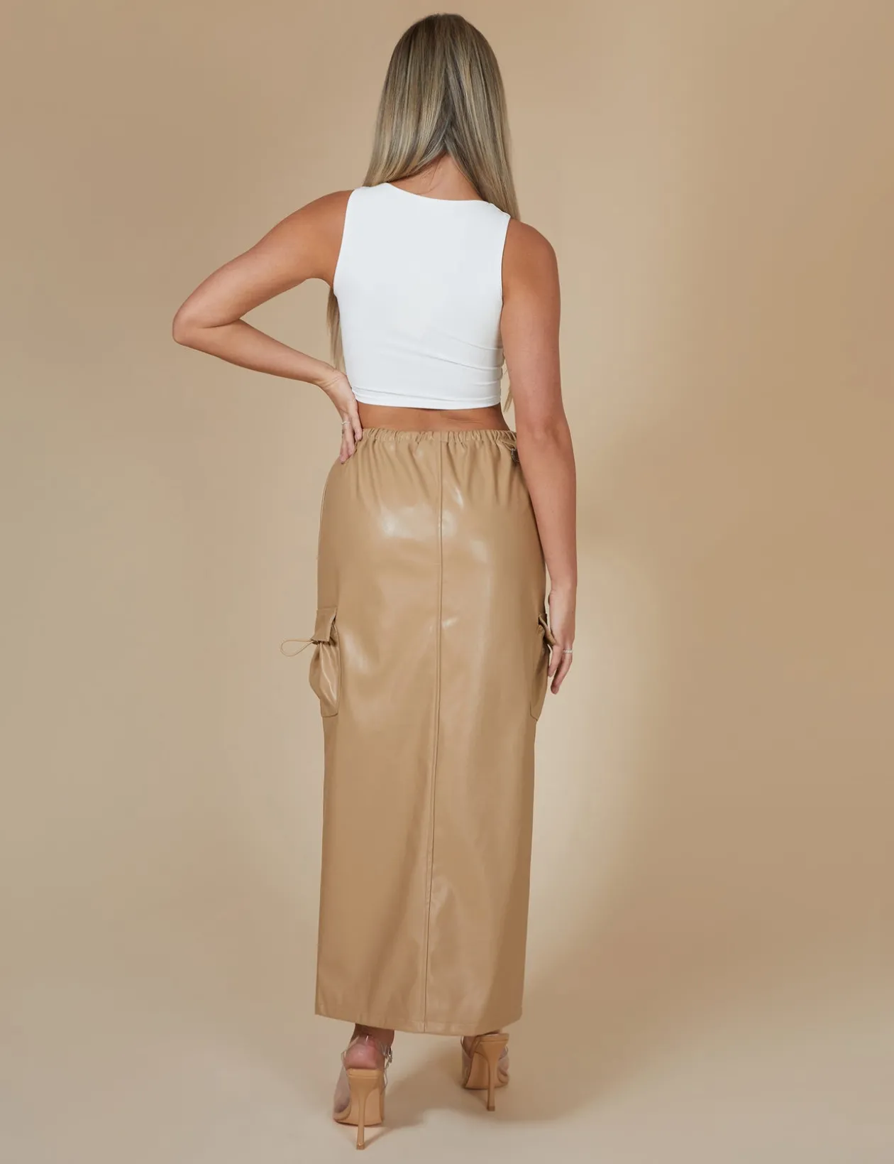 Public Desire Faux Leather Pocket Detail Cargo Maxi Skirt Camel | Women Skirts