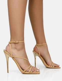Public Desire Fillipa Nude Pu Strappy Square Toe Metal Stiletto Heels | Women Barely There Heels