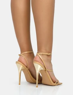 Public Desire Fillipa Nude Pu Strappy Square Toe Metal Stiletto Heels | Women Barely There Heels