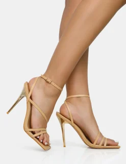 Public Desire Fillipa Nude Pu Strappy Square Toe Metal Stiletto Heels | Women Barely There Heels