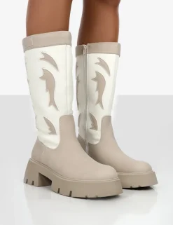 Public Desire Fly Away Pu Round Toe Western Cowboy Platform Chunky Soleknee High Boots | Women Western Boots