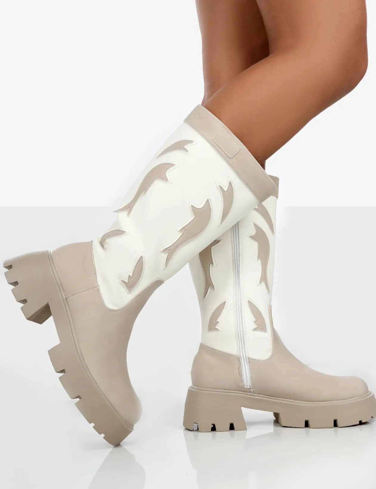 Public Desire Fly Away Pu Round Toe Western Cowboy Platform Chunky Soleknee High Boots | Women Western Boots
