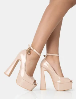 Public Desire Formation Patent Padlock Detail Chunky Square Peep Toe Platform Heels | Women Square Toe Heels