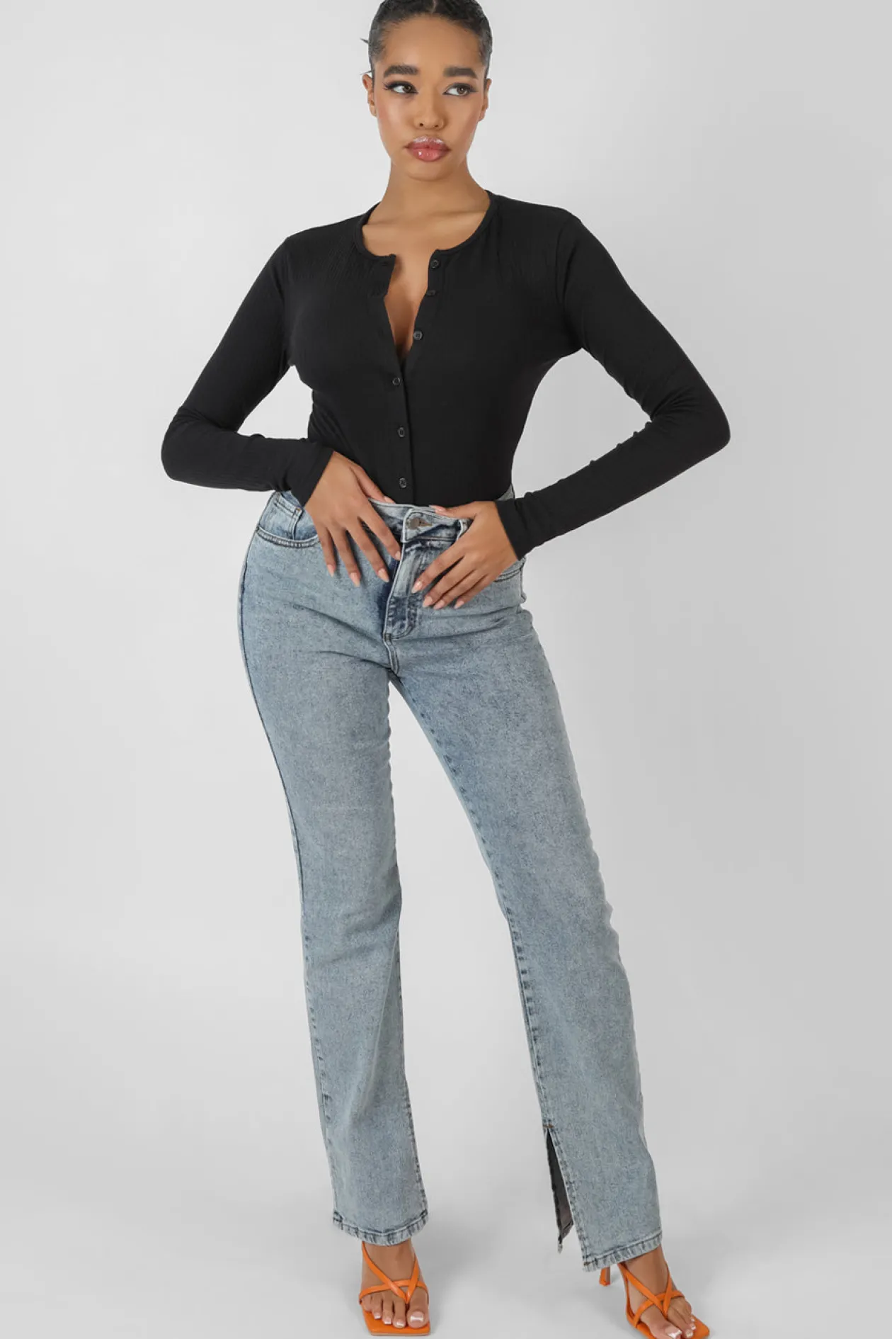 Public Desire Front Button Long Sleeve Ribbed Bodysuit | Women Bodysuits