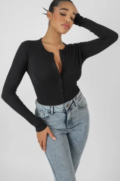 Public Desire Front Button Long Sleeve Ribbed Bodysuit | Women Bodysuits