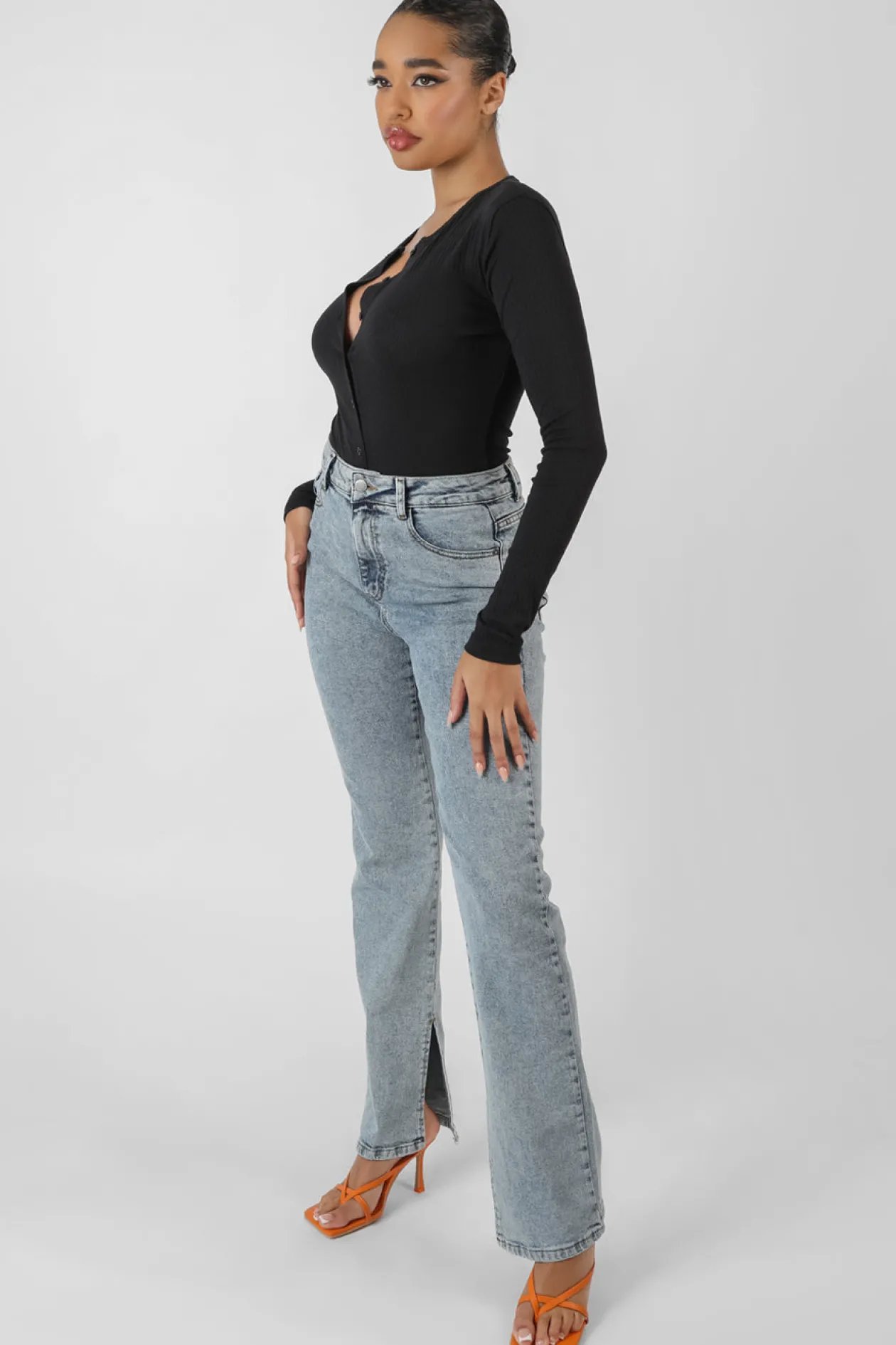 Public Desire Front Button Long Sleeve Ribbed Bodysuit | Women Bodysuits