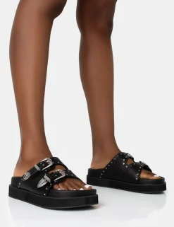 Public Desire Frontier Pu Western Style Double Strap Slider Sandals | Women Sliders