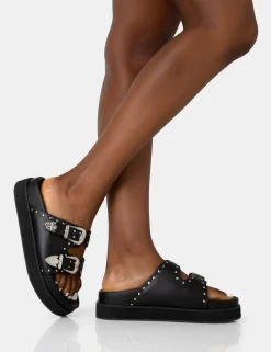 Public Desire Frontier Pu Western Style Double Strap Slider Sandals | Women Sliders