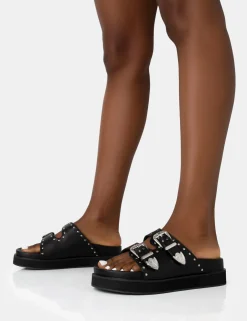 Public Desire Frontier Pu Western Style Double Strap Slider Sandals | Women Sliders