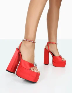 Public Desire Frozen Satin Sparkly Diamante Strap Open Toe Block Platform Heels | Women Platform Heels