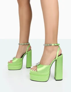 Public Desire Frozen Satin Sparkly Diamante Strap Open Toe Block Platform Heels | Women Platform Heels