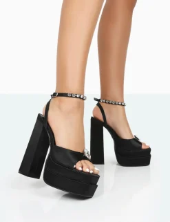 Public Desire Frozen Satin Sparkly Diamante Strap Open Toe Block Platform Heels | Women Platform Heels