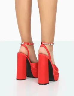 Public Desire Frozen Satin Sparkly Diamante Strap Open Toe Block Platform Heels | Women Platform Heels