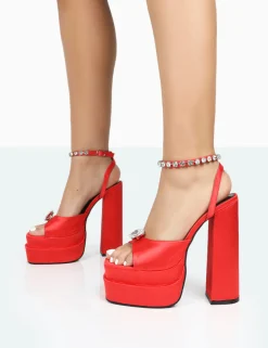 Public Desire Frozen Satin Sparkly Diamante Strap Open Toe Block Platform Heels | Women Platform Heels