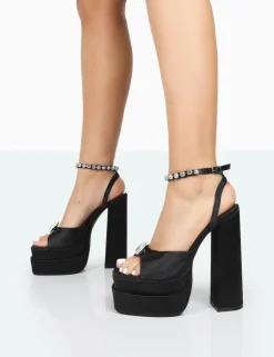 Public Desire Frozen Satin Sparkly Diamante Strap Open Toe Block Platform Heels | Women Platform Heels
