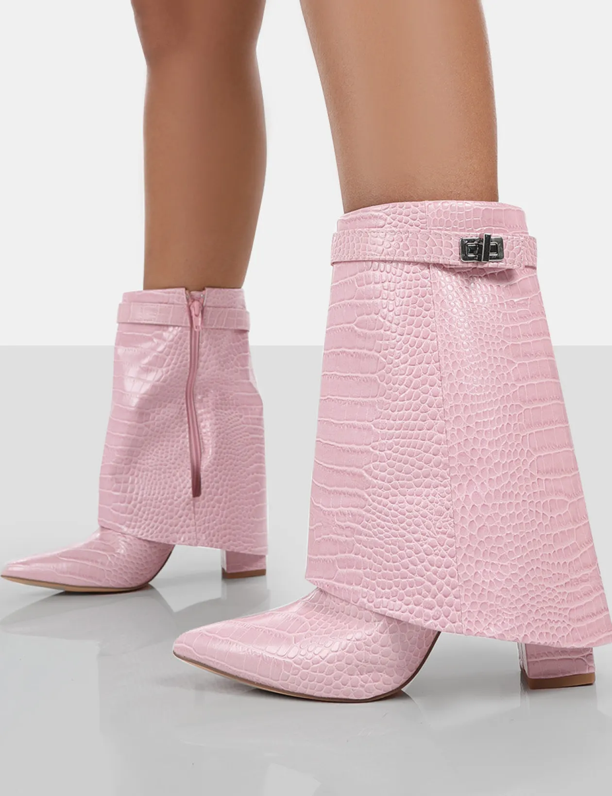 Public Desire Fyre Baby Croc Pointed Toe Block Heeled Ankle Boots | Women Heeled Boots