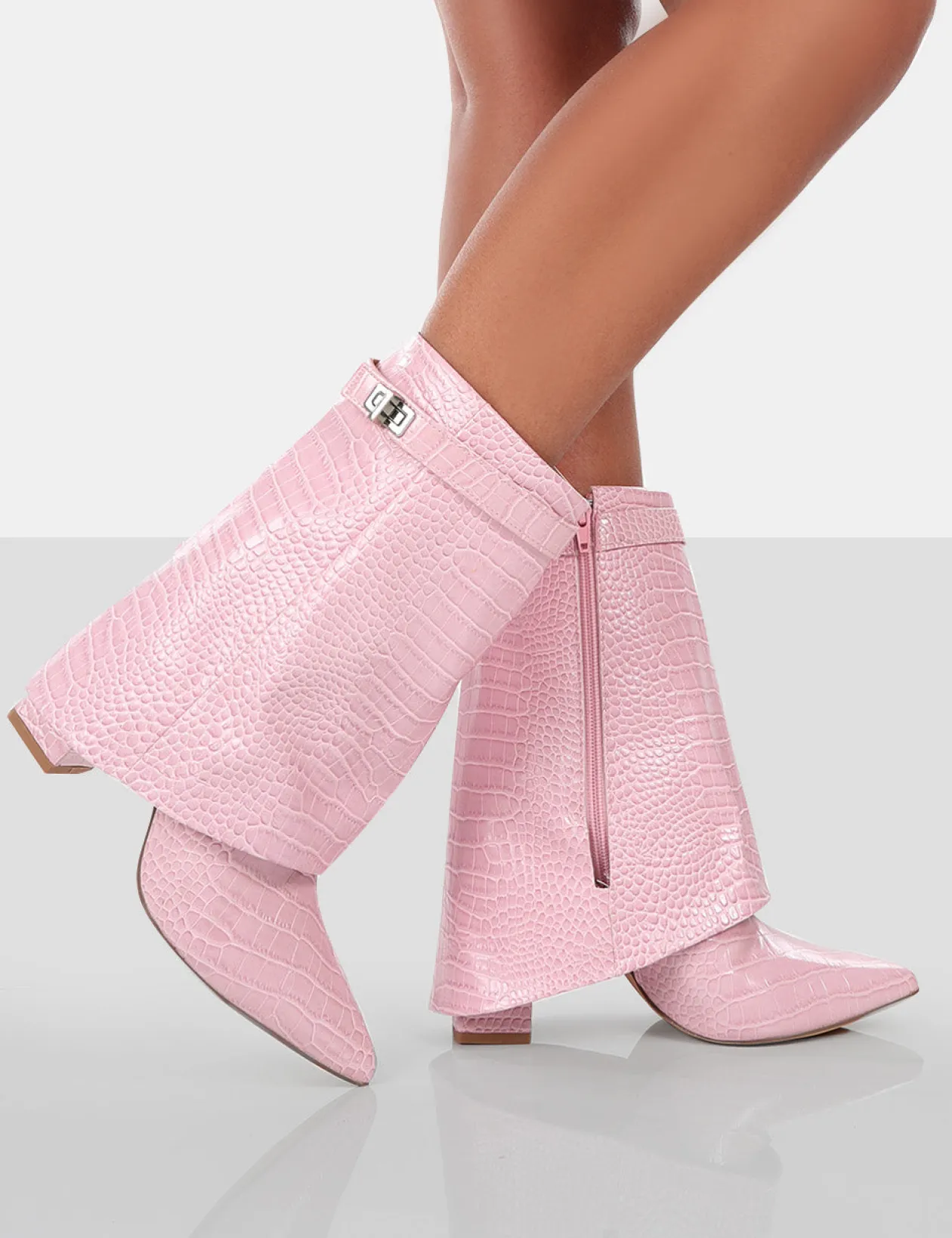 Public Desire Fyre Baby Croc Pointed Toe Block Heeled Ankle Boots | Women Heeled Boots