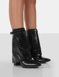 Public Desire Fyre Croc Pointed Toe Block Heeled Ankle Boots | Women Heeled Boots