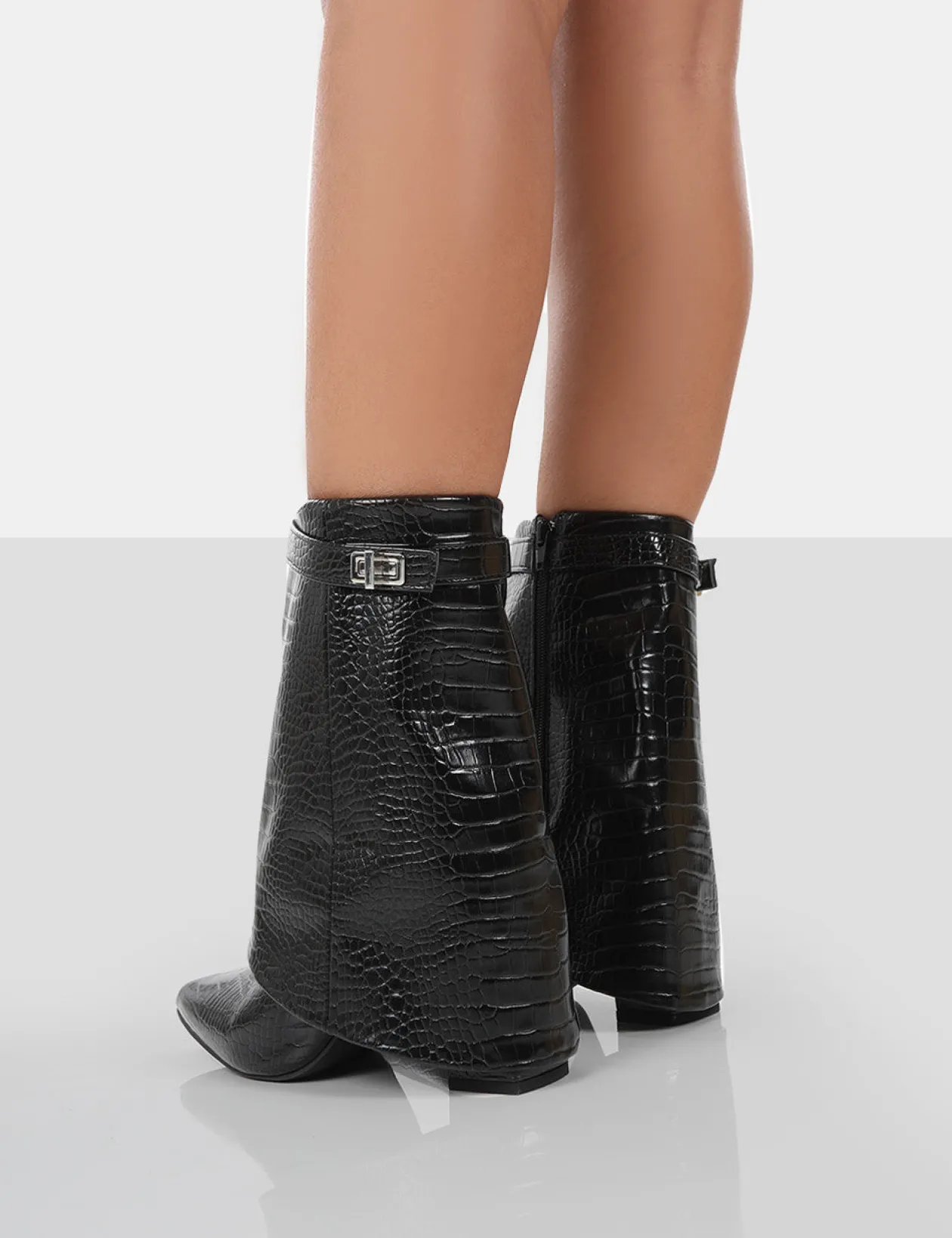 Public Desire Fyre Croc Pointed Toe Block Heeled Ankle Boots | Women Heeled Boots