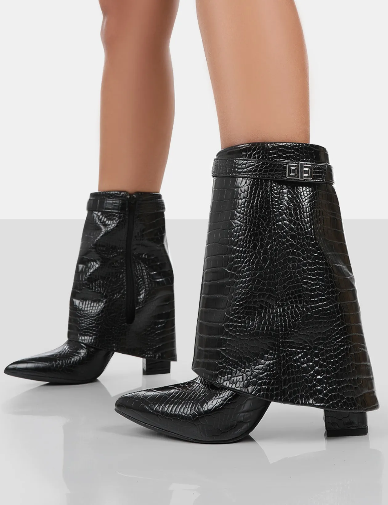 Public Desire Fyre Croc Pointed Toe Block Heeled Ankle Boots | Women Heeled Boots