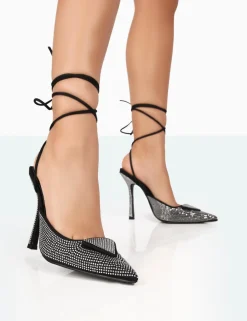 Public Desire Galaxy Sparkly Diamante Pointed Stiletto Toe Lace Up Wrap Around Heels | Women Court Heels