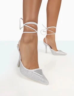 Public Desire Galaxy Sparkly Diamante Pointed Stiletto Toe Lace Up Wrap Around Heels | Women Court Heels
