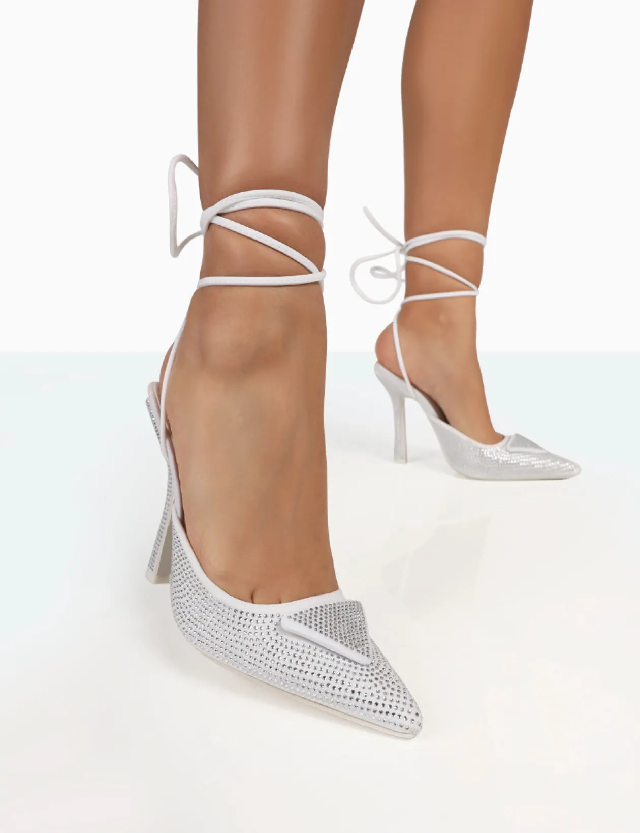 Public Desire Galaxy Sparkly Diamante Pointed Stiletto Toe Lace Up Wrap Around Heels | Women Court Heels
