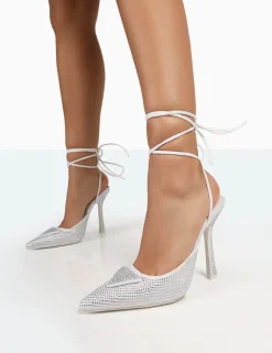 Public Desire Galaxy Sparkly Diamante Pointed Stiletto Toe Lace Up Wrap Around Heels | Women Court Heels