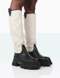 Public Desire Genius Pu Knee High Linen Platform Chunky Sole Boots | Women Knee High Boots