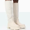Public Desire Genius Pu Knee High Linen Platform Chunky Sole Boots | Women Knee High Boots