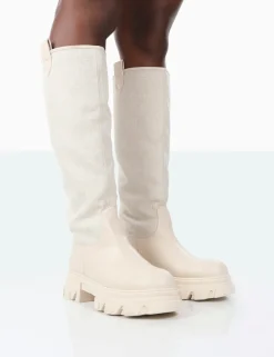 Public Desire Genius Pu Knee High Linen Platform Chunky Sole Boots | Women Knee High Boots