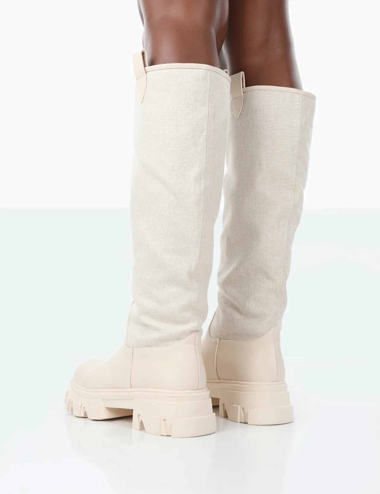 Public Desire Genius Pu Knee High Linen Platform Chunky Sole Boots | Women Knee High Boots