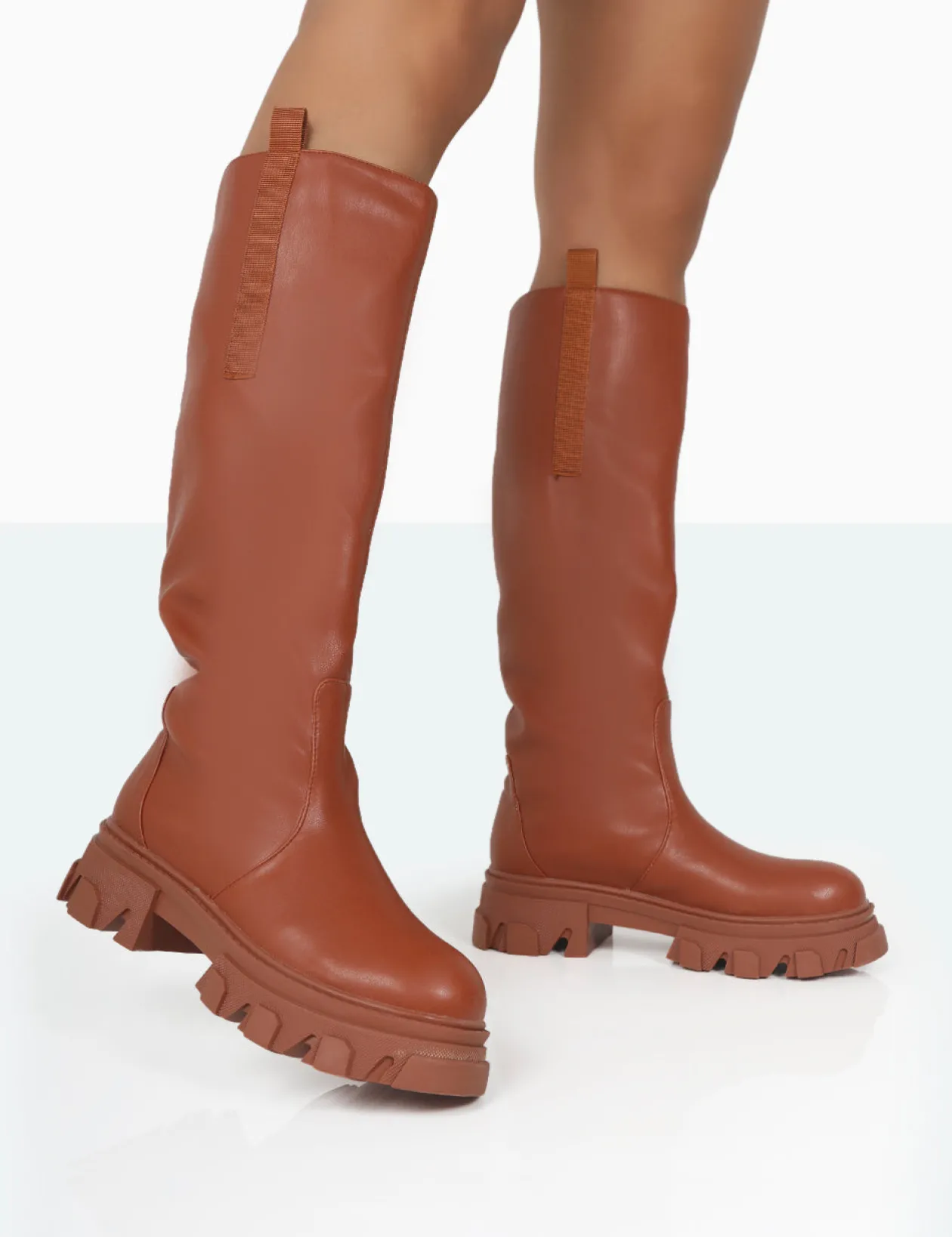 Public Desire Genius Tabacco Pu Knee High Chunky Sole Boots | Women Knee High Boots