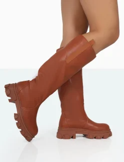 Public Desire Genius Tabacco Pu Knee High Chunky Sole Boots | Women Knee High Boots