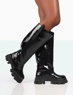 Public Desire Genius Wide Fit Box Patent Knee High Chunky Sole Boots | Women Wide Fit Long Boots