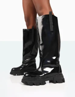 Public Desire Genius Wide Fit Box Patent Knee High Chunky Sole Boots | Women Wide Fit Long Boots
