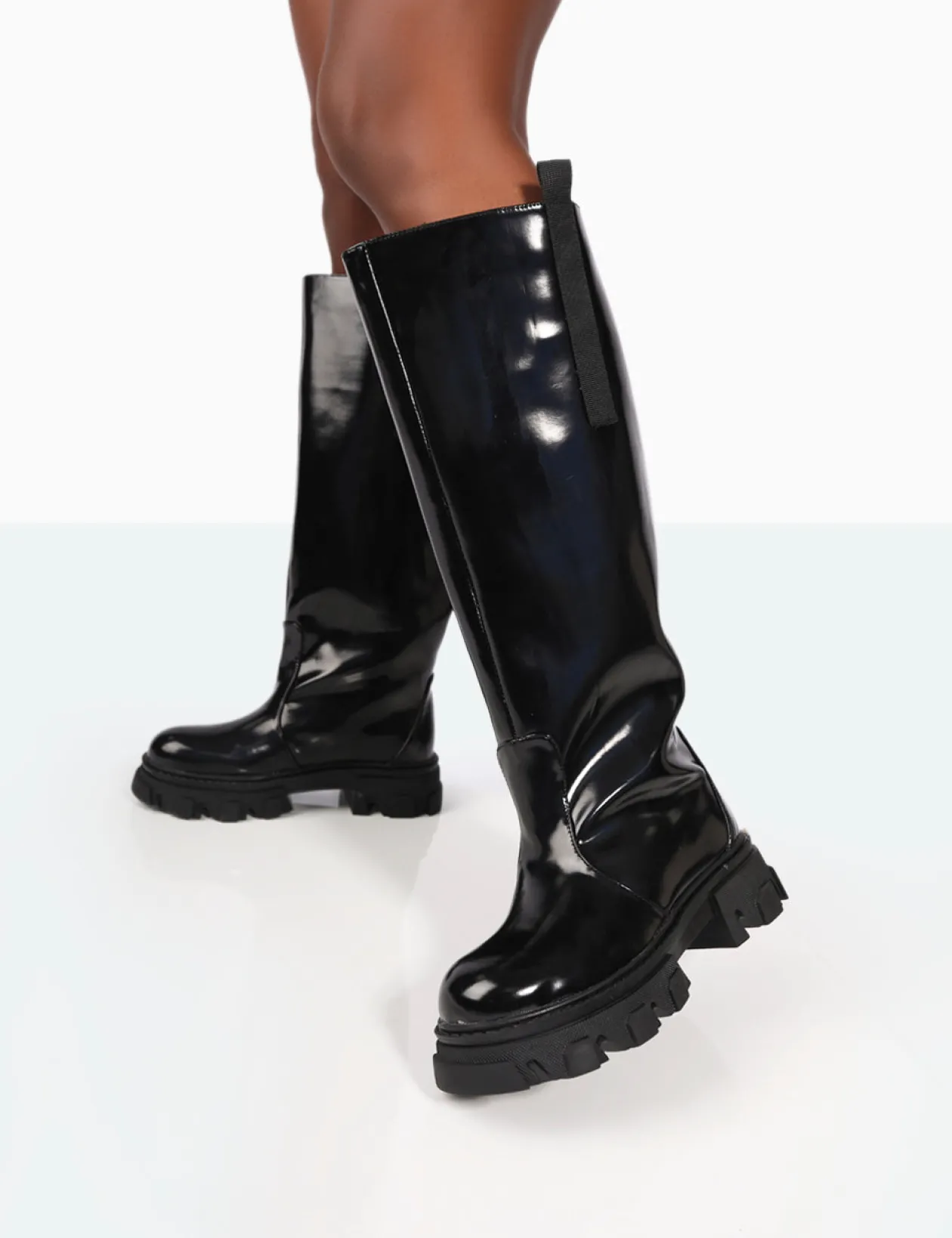 Public Desire Genius Wide Fit Box Patent Knee High Chunky Sole Boots | Women Wide Fit Long Boots