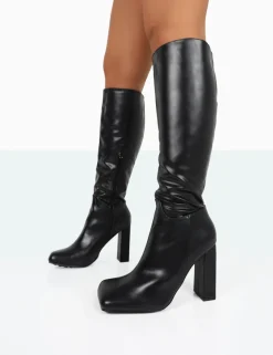 Public Desire Gia Box Pu Square Toe Block Heel Knee High Boots | Women Knee High Boots