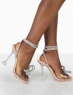 Public Desire Glimmer Patent Wide Fit Wrap Around Diamante Bow Square Toe Heels | Women Wide Fit Heels