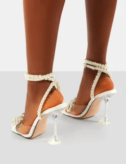 Public Desire Glimmer Wide Fit Wrap Around Pearl Detail Bow Square Toe Cake Stand Heels | Women Wide Fit Heels