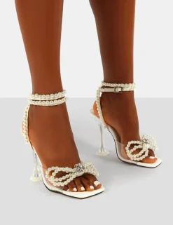 Public Desire Glimmer Wrap Around Pearl Detail Bow Square Toe Cake Stand Heels | Women Square Toe Heels