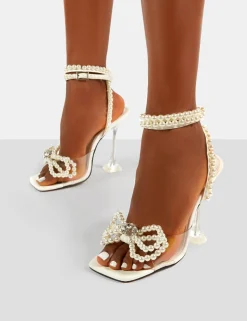 Public Desire Glimmer Wrap Around Pearl Detail Bow Square Toe Cake Stand Heels | Women Square Toe Heels