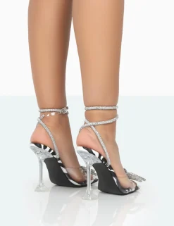Public Desire Glimmer Zebra Wrap Around Diamante Bow Square Toe Heels | Women Square Toe Heels