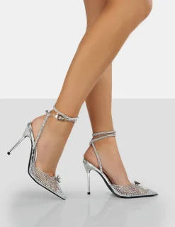 Public Desire Glisten Metallic Clear Perspex Diamante Wrap Around Pointed Toe Court Heels | Women Court Heels