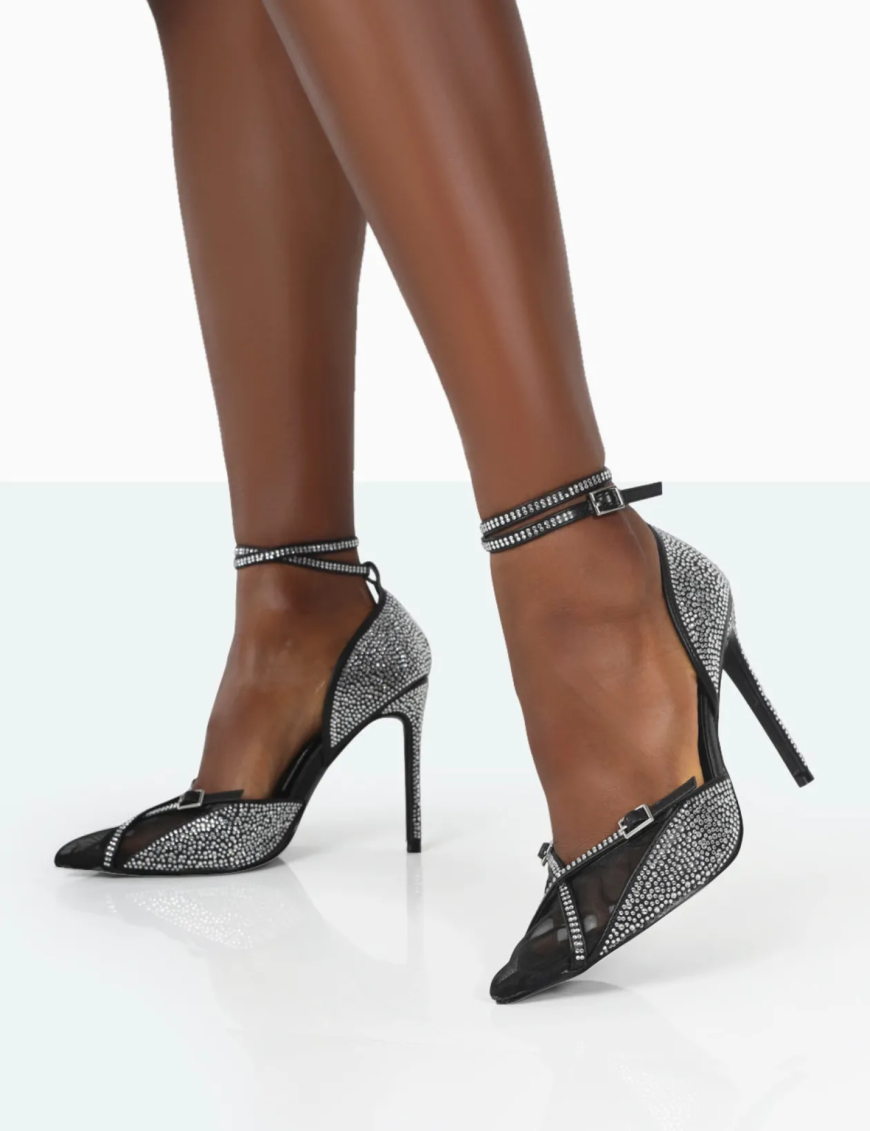 Public Desire Glitch Black Diamante Mesh Pointed Toe Court Stiletto High Heel | Women Court Heels