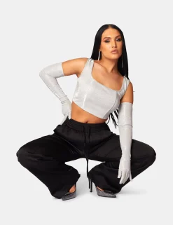 Public Desire Glitter Corset Top With Matching Gloves Silver | Women Tops