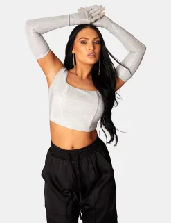 Public Desire Glitter Corset Top With Matching Gloves Silver | Women Tops