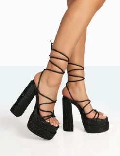 Public Desire Glow Girl Black Sparkly Diamante Lace Up Platform Block High Heels | Women Platform Heels