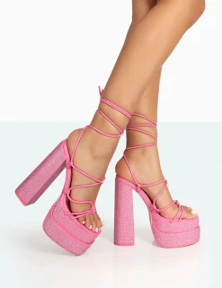 Public Desire Glow Girl Diamante Pu Lace Up Platform High Heels | Women Lace Up Heels